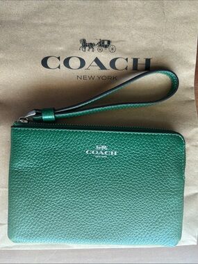 COACH Green Wristlet Pebbled Leather